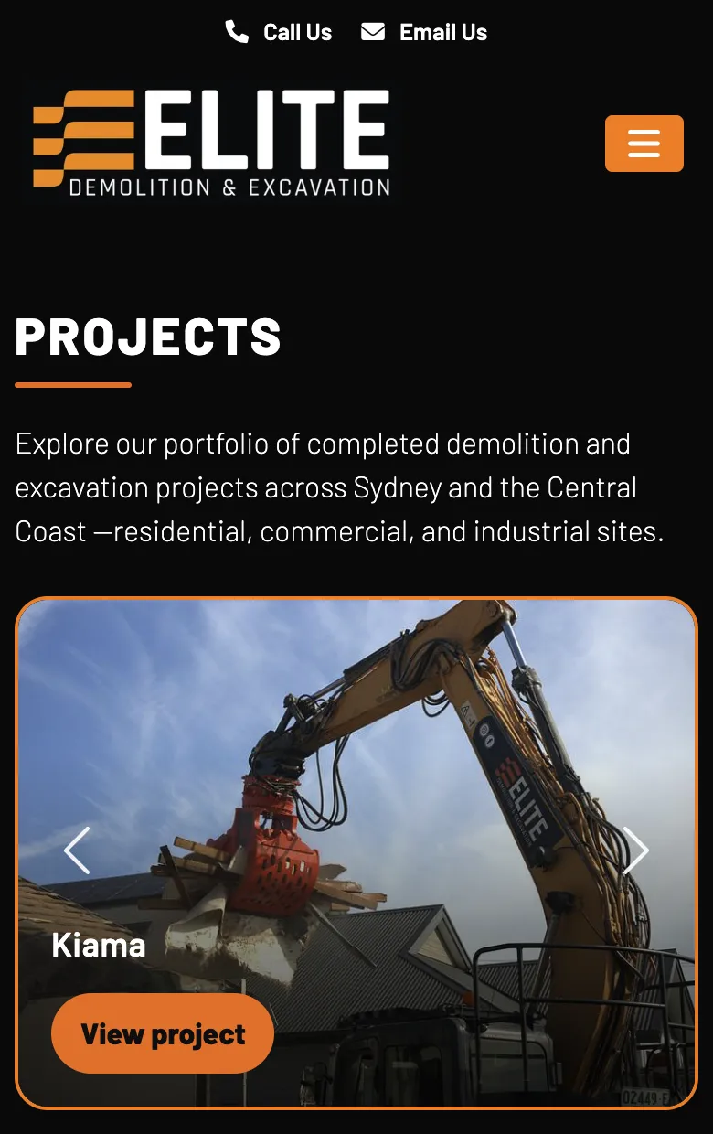 Elite Demolition & Excavation website on a phone